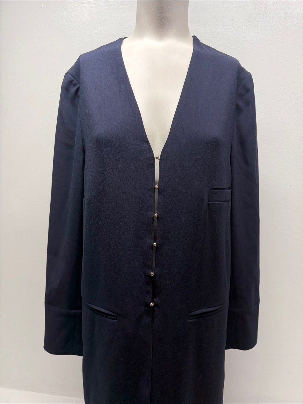 MM LaFleur Blazer Long Jacket Coat Long Sleeve V Neck Pockets Navy Blue Small - Picture 2 of 8